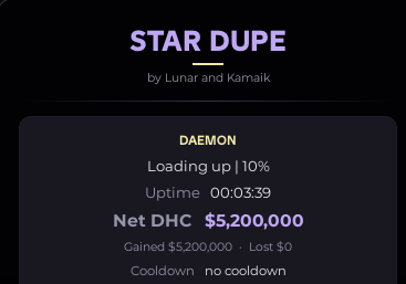 Star Dupe live control panel showing uptime and net DHC
